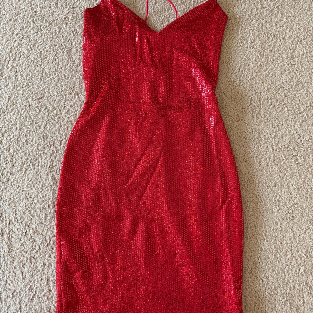 Red Sparkly V-Neck Tie-Back Mini Dress – Windsor (XS)